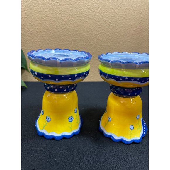 Cupcakes & Cartwheels Kimberly Hodges Blue Yellow Candlestick Set Of 2 - Picture 2 of 11